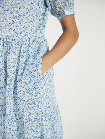 Releve Fashion Reistor Forget Me Not Dress Blue White Floral Print Ethical Designer Brand Sustainable Fashion Conscious Clothing Purchase with Purpose Shop for Good