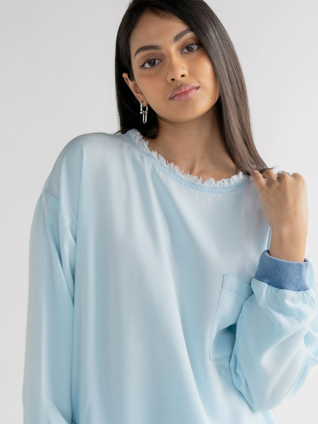Releve Fashion Reistor Blue Pacific Blue Long Sleeves Top Ethical Designer Brand Sustainable Fashion Conscious Clothing Purchase with Purpose Shop for Good