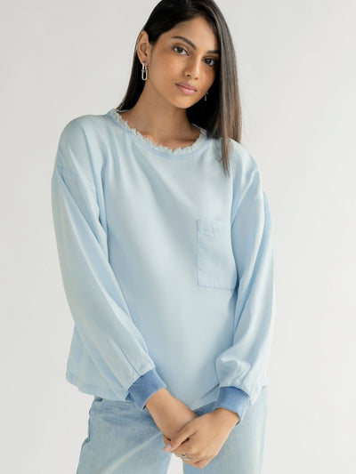 Releve Fashion Reistor Blue Pacific Blue Long Sleeves Top Ethical Designer Brand Sustainable Fashion Conscious Clothing Purchase with Purpose Shop for Good