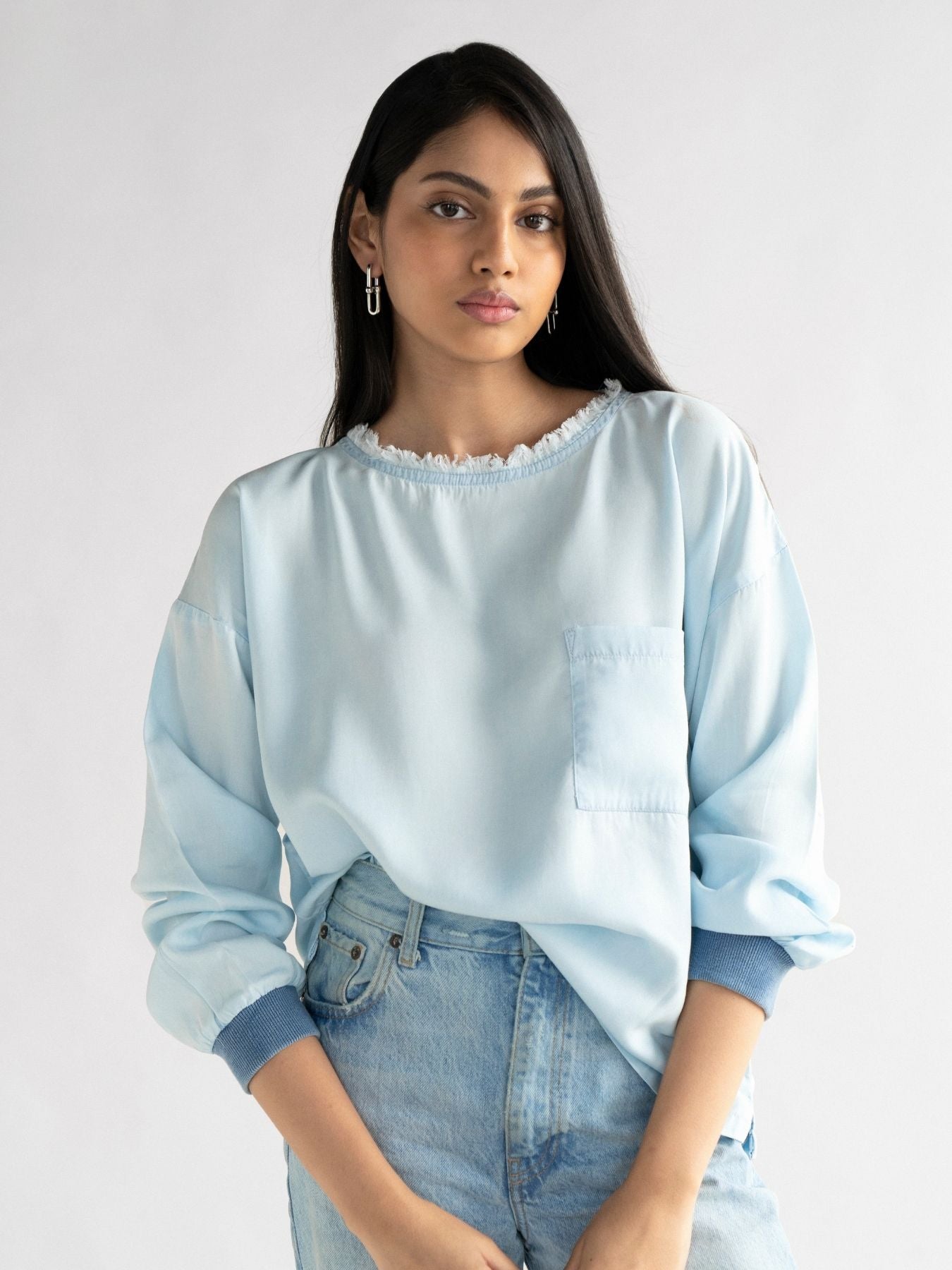 Releve Fashion Reistor Blue Pacific Blue Long Sleeves Top Ethical Designer Brand Sustainable Fashion Conscious Clothing Purchase with Purpose Shop for Good