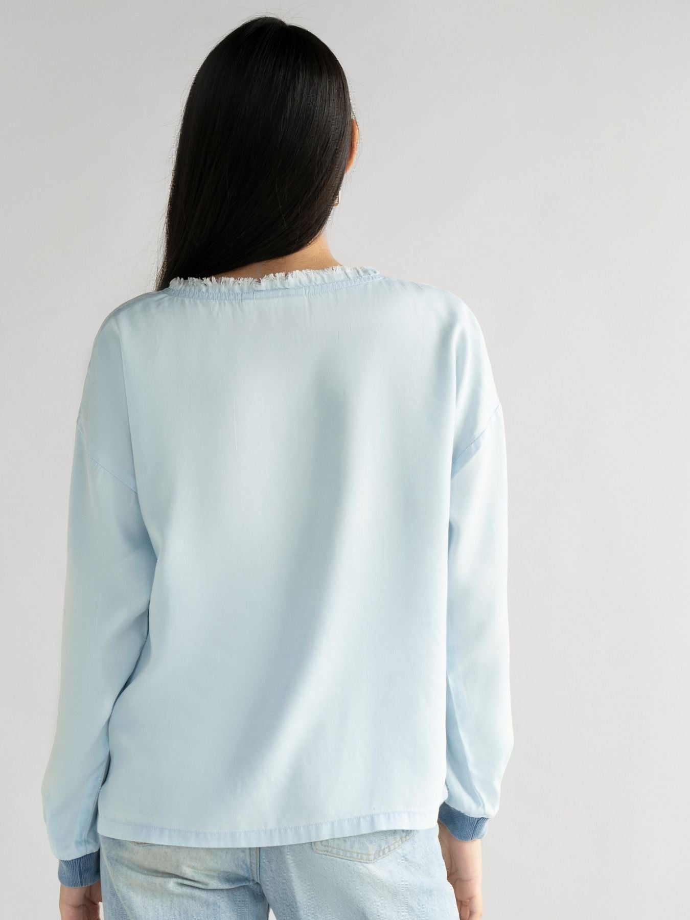 Releve Fashion Reistor Blue Pacific Blue Long Sleeves Top Ethical Designer Brand Sustainable Fashion Conscious Clothing Purchase with Purpose Shop for Good
