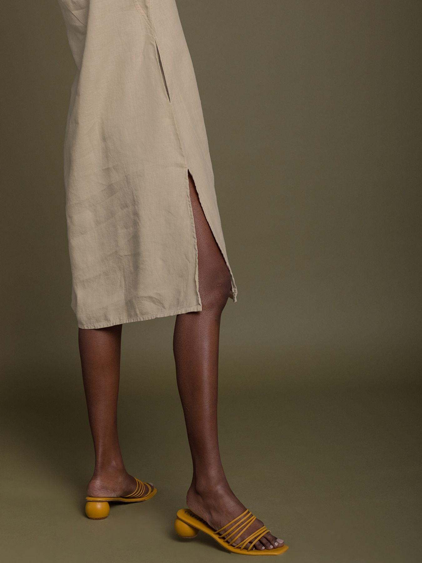 Releve Fashion Reistor Beige Reading Tea Leaves Sleeveless Dress Ethical Designer Brand Sustainable Fashion Conscious Clothing Purchase with Purpose Shop for Good