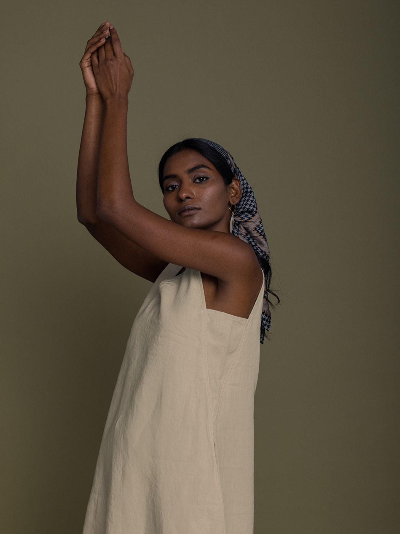 Releve Fashion Reistor Beige Reading Tea Leaves Sleeveless Dress Ethical Designer Brand Sustainable Fashion Conscious Clothing Purchase with Purpose Shop for Good