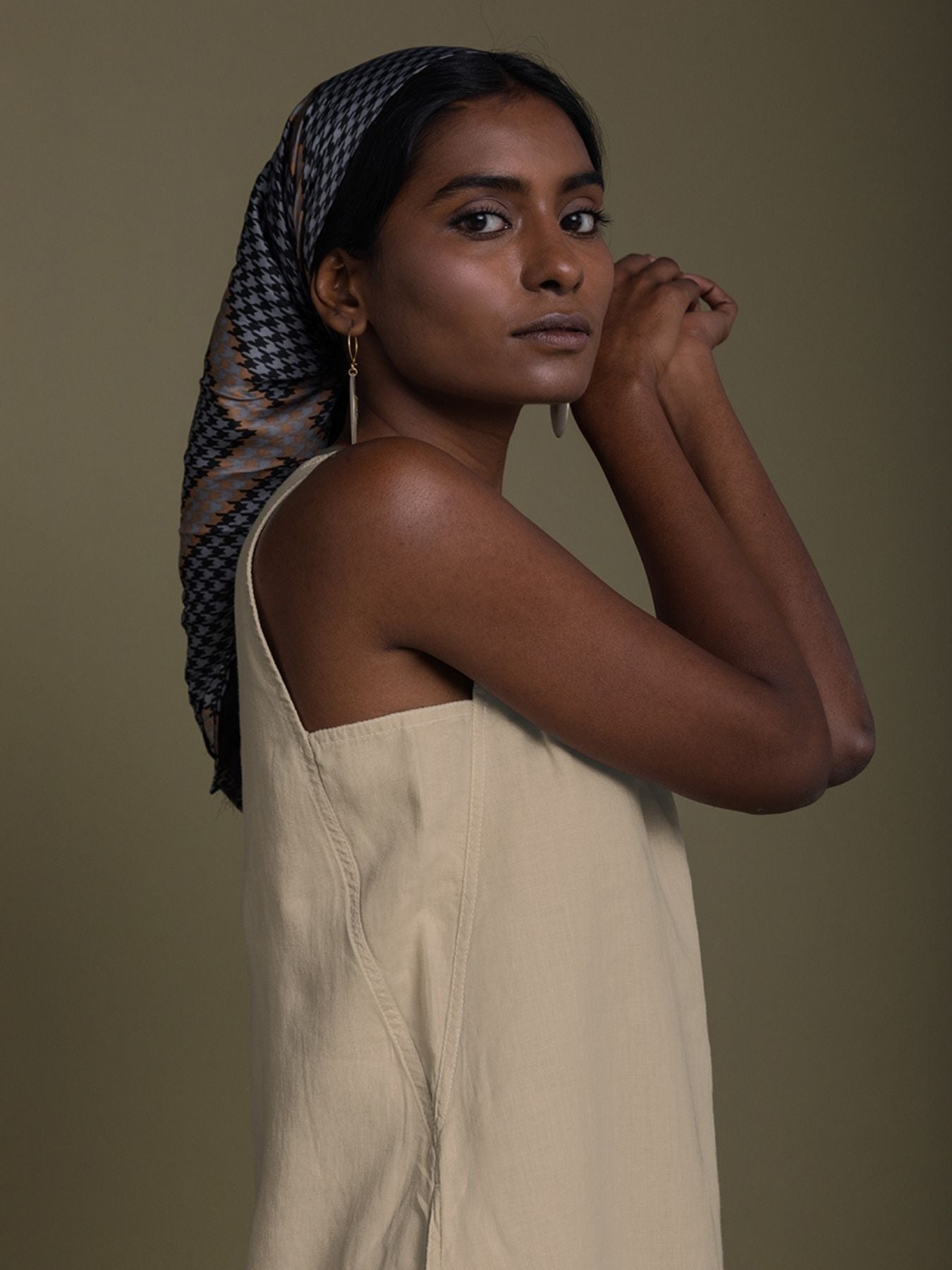 Releve Fashion Reistor Beige Reading Tea Leaves Sleeveless Dress Ethical Designer Brand Sustainable Fashion Conscious Clothing Purchase with Purpose Shop for Good