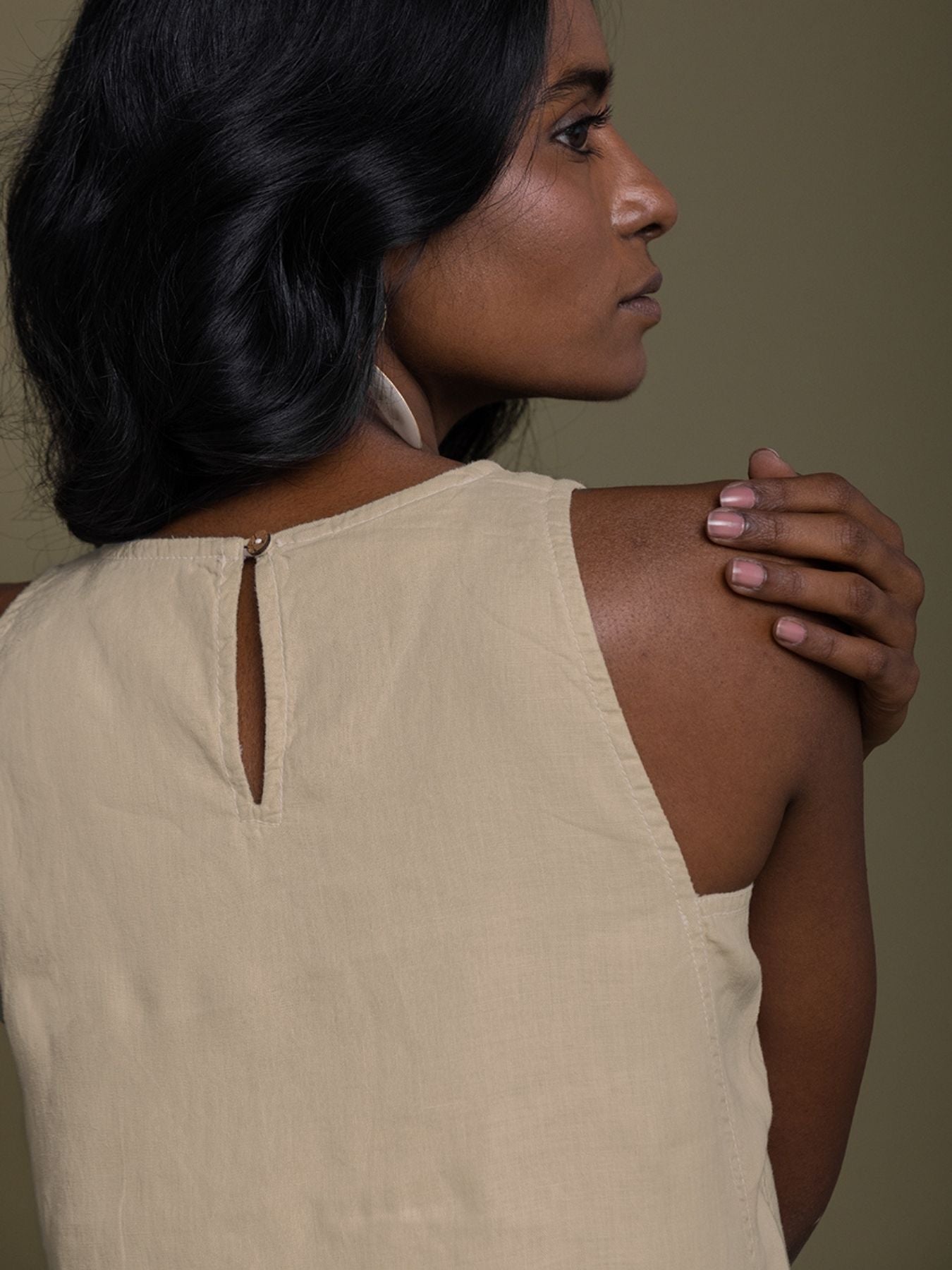 Releve Fashion Reistor Beige Reading Tea Leaves Sleeveless Dress Ethical Designer Brand Sustainable Fashion Conscious Clothing Purchase with Purpose Shop for Good