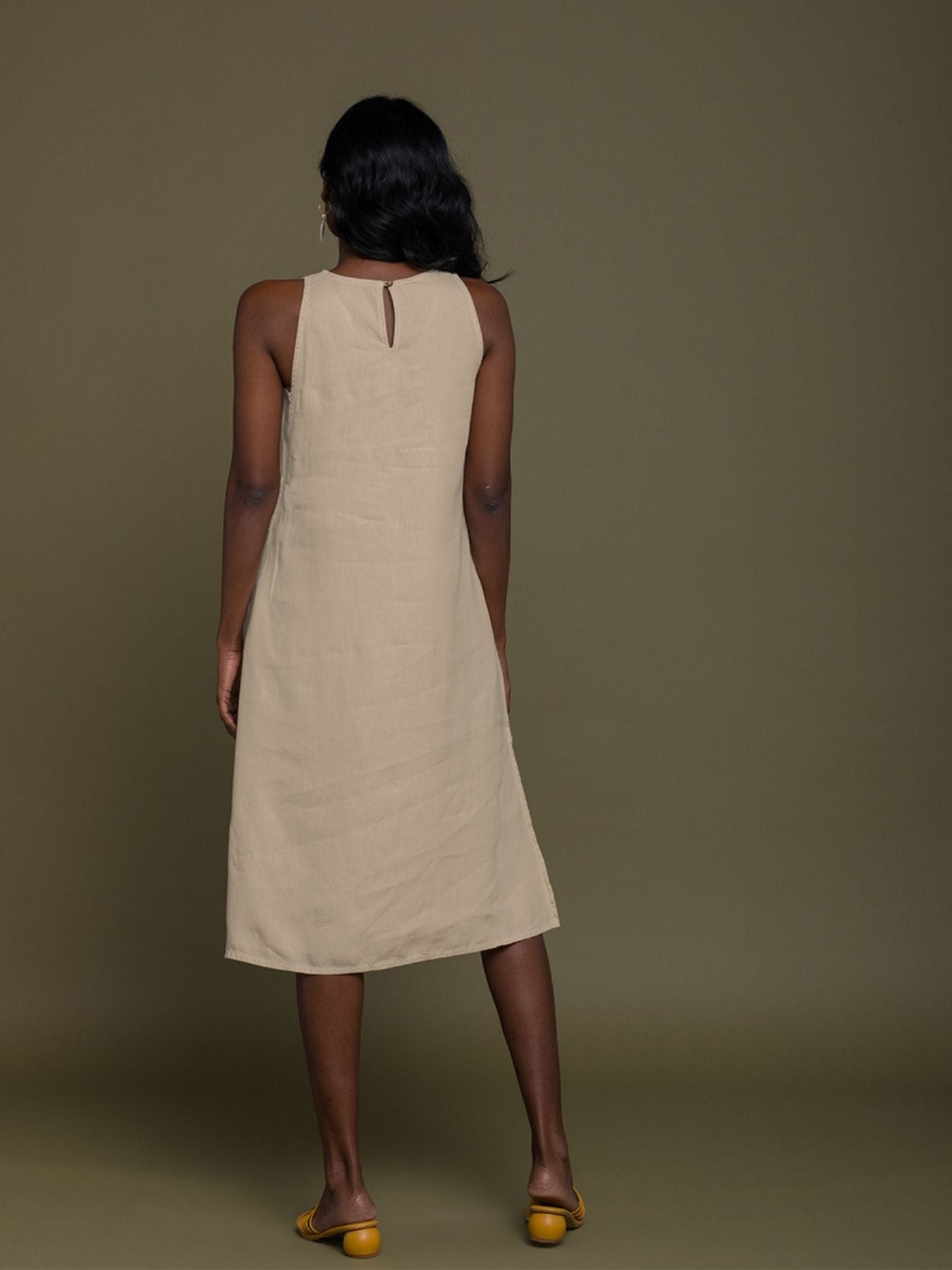 Releve Fashion Reistor Beige Reading Tea Leaves Sleeveless Dress Ethical Designer Brand Sustainable Fashion Conscious Clothing Purchase with Purpose Shop for Good