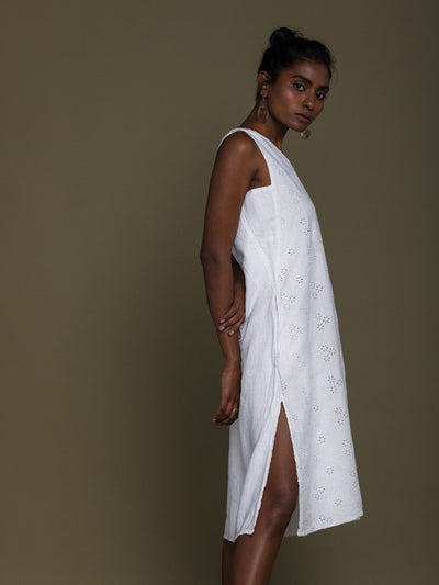 Releve Fashion Reistor White Stolen Sunset Sleeveless Dress Ethical Designer Brand Sustainable Fashion Conscious Clothing Purchase with Purpose Shop for Good