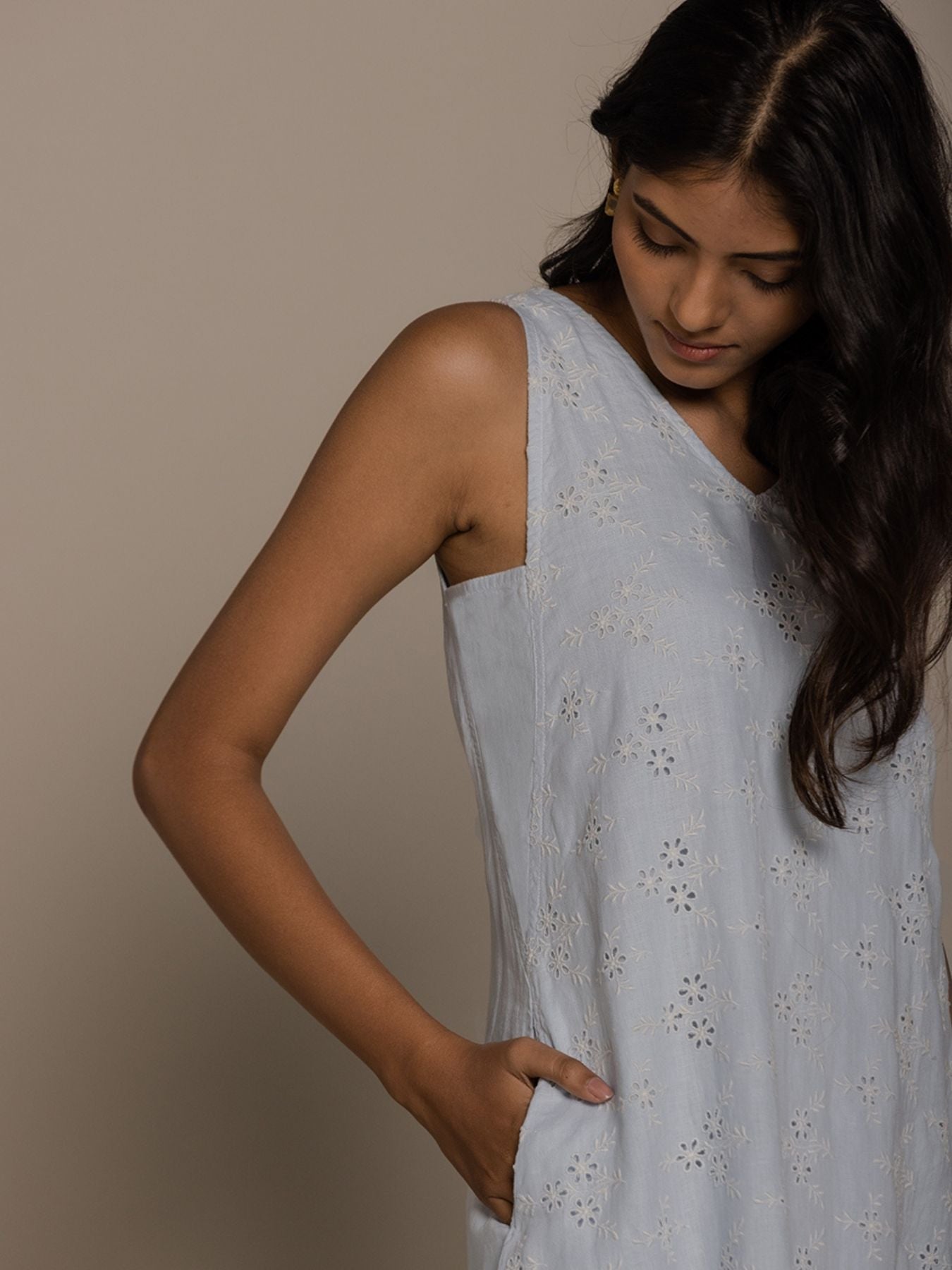 Releve Fashion Reistor Blue Sleveless Stolen Sunset Dress Ethical Designer Brand Sustainable Fashion Conscious Clothing Purchase with Purpose Shop for Good