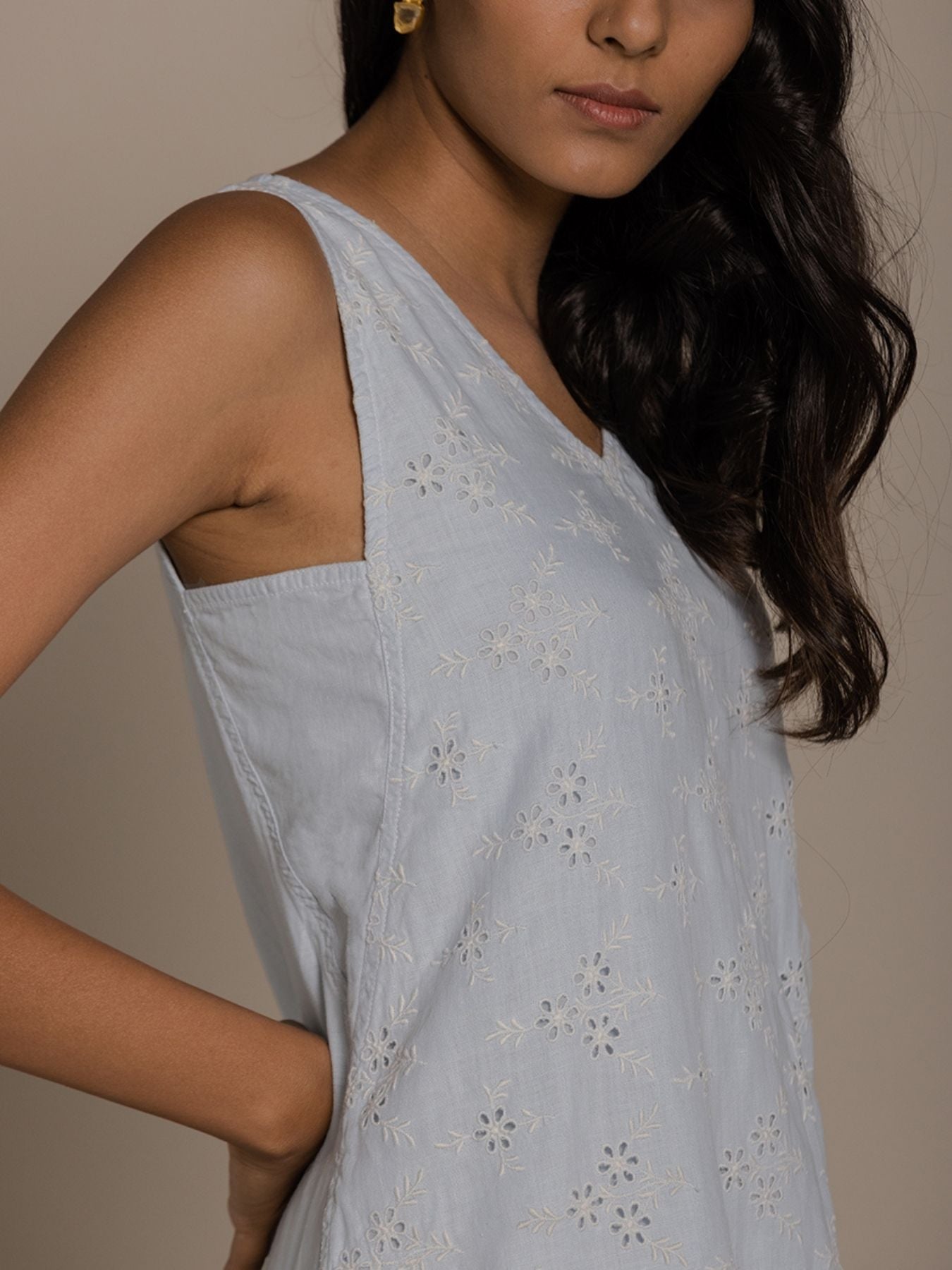 Releve Fashion Reistor Blue Sleveless Stolen Sunset Dress Ethical Designer Brand Sustainable Fashion Conscious Clothing Purchase with Purpose Shop for Good