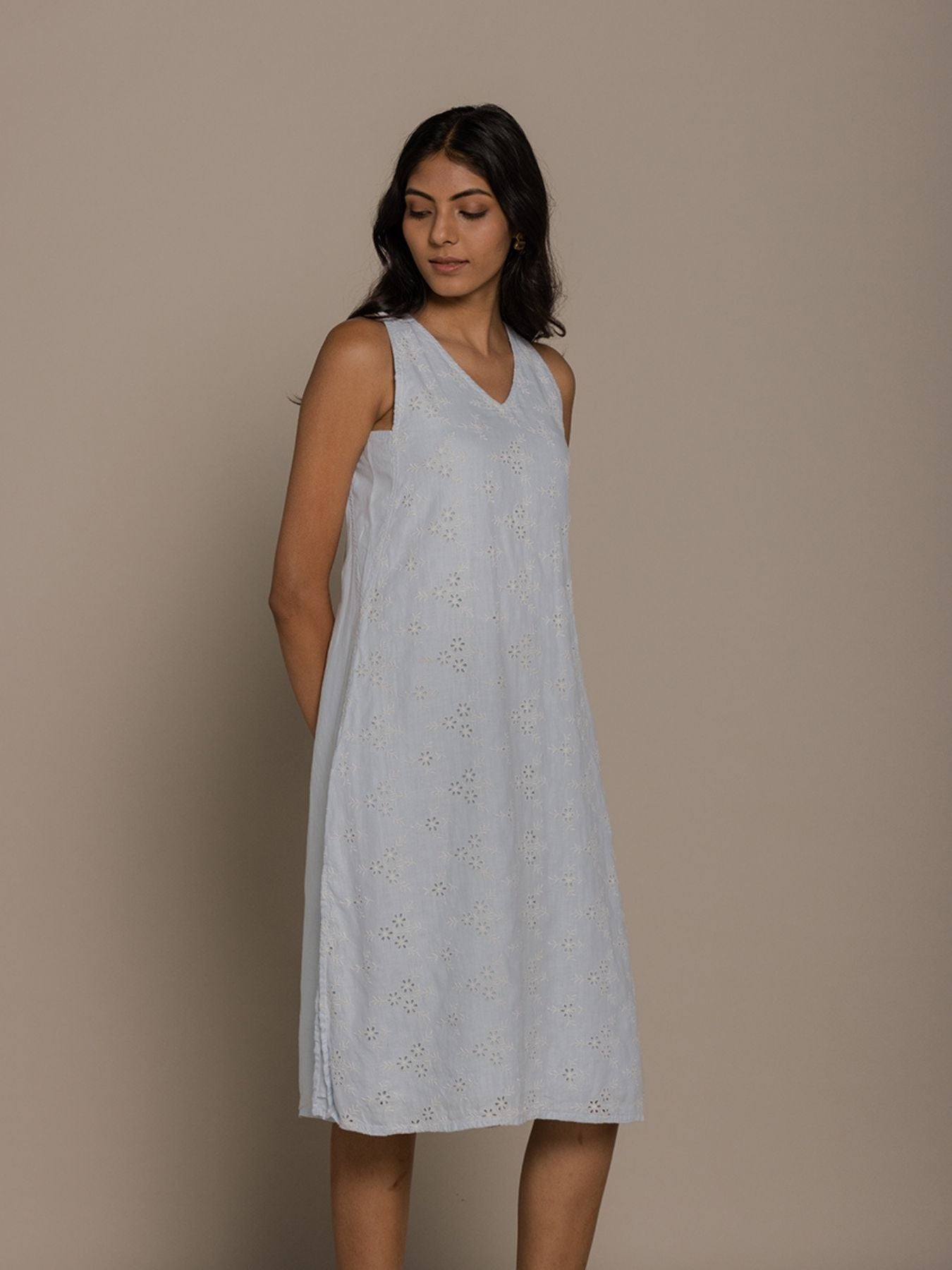 Releve Fashion Reistor Blue Sleveless Stolen Sunset Dress Ethical Designer Brand Sustainable Fashion Conscious Clothing Purchase with Purpose Shop for Good