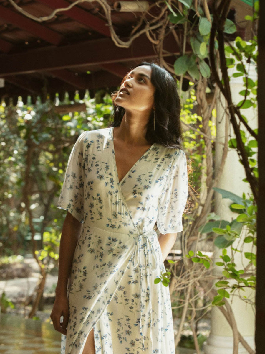 Releve Fashion Reistor Summer Rains Dress Visions of Blue Print Ethical Designer Brand Sustainable Fashion Conscious Clothing Purchase with Purpose Shop for Good