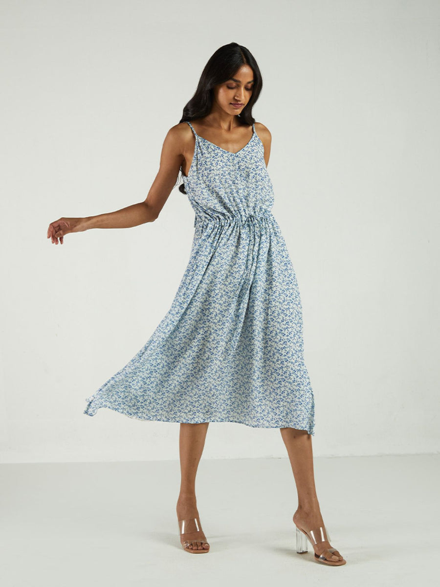 Releve Fashion Reistor Sunbeam Sundays Dress Forget Me Not Print Ethical Designer Brand Sustainable Fashion Conscious Clothing Purchase with Purpose Shop for Good