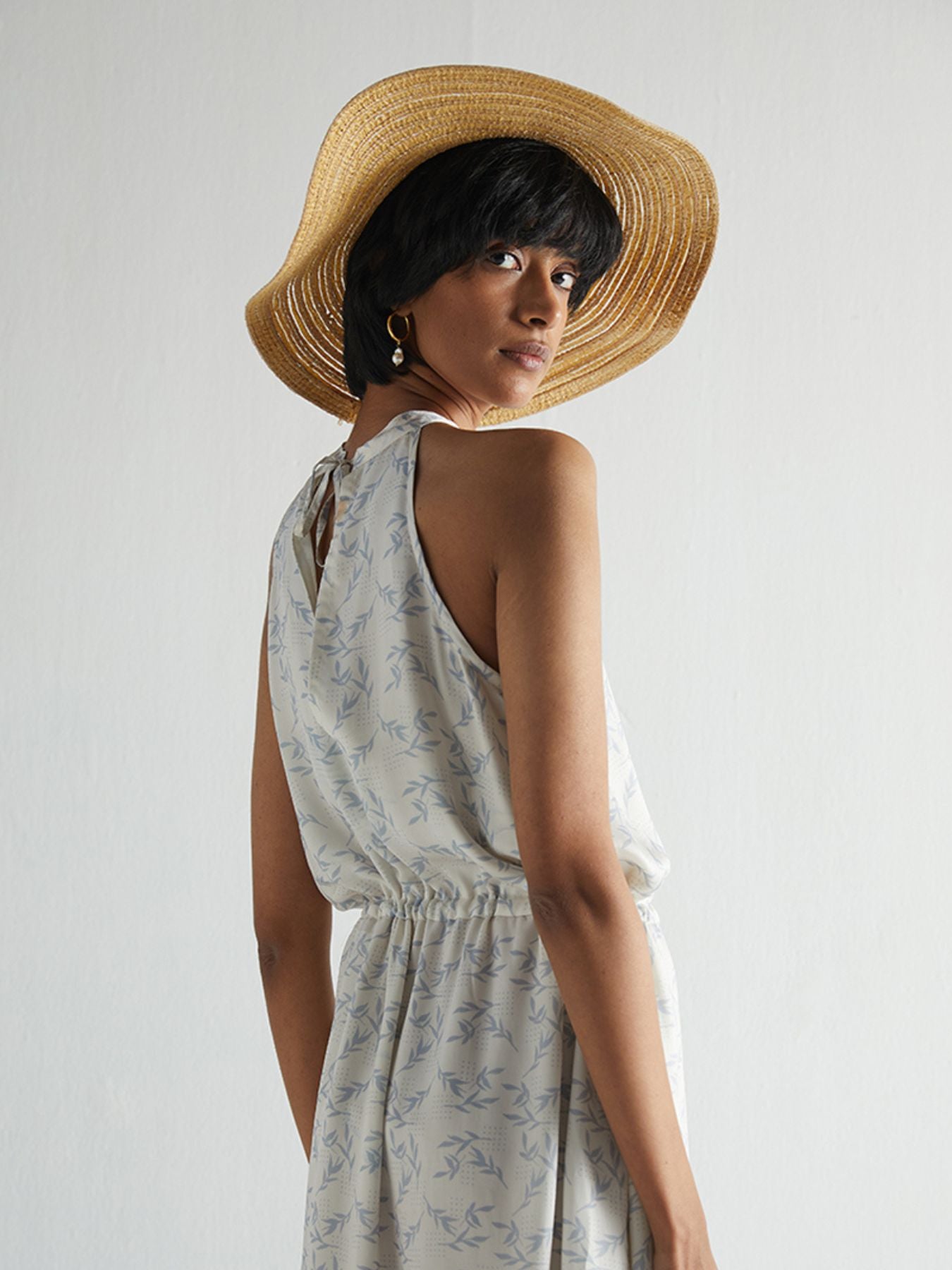 Releve Fashion Reistor Sundazed and Sultry Dress Blue Orchard Print Ethical Designer Brand Sustainable Fashion Conscious Clothing Purchase with Purpose Shop for Good