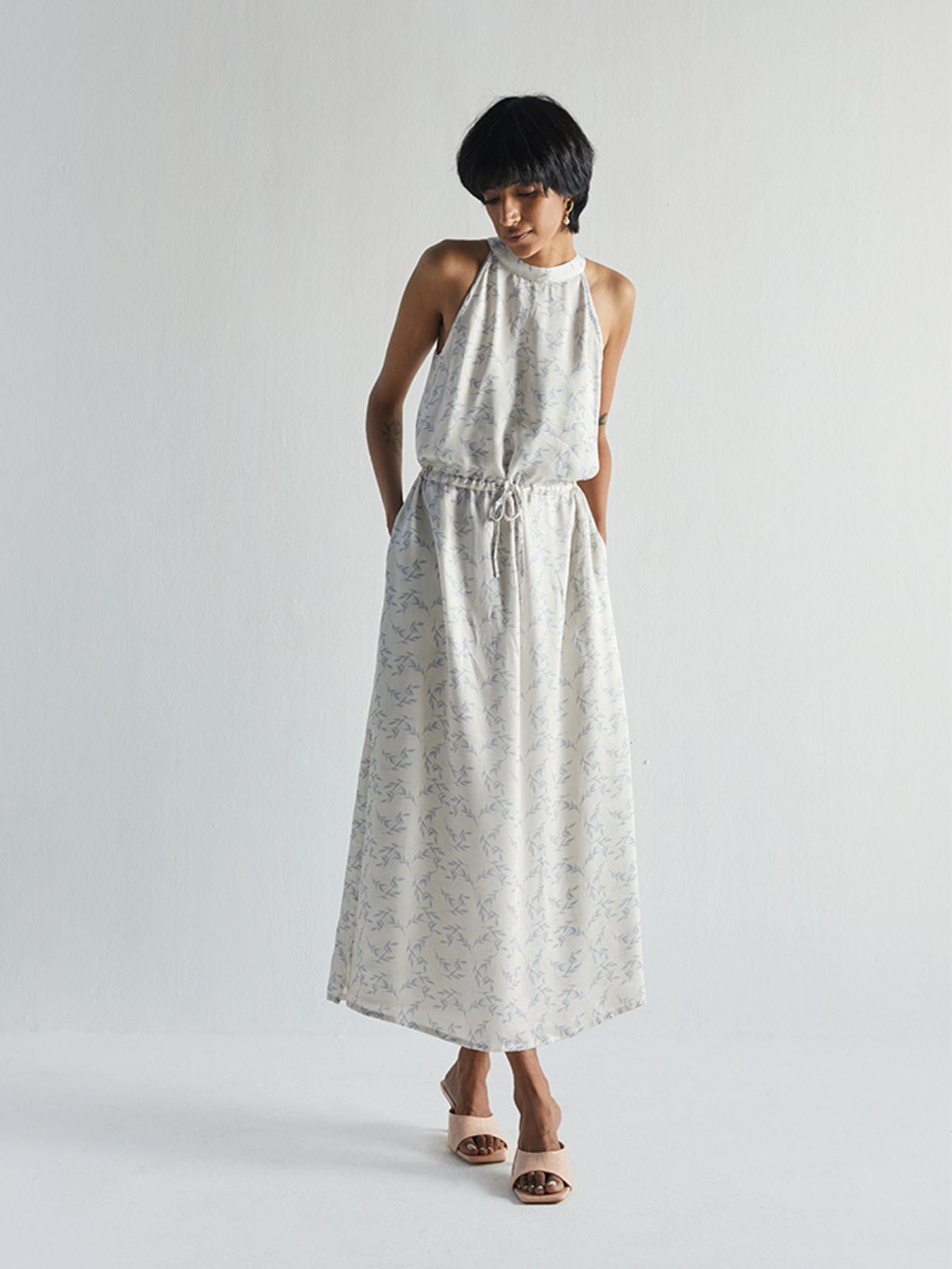 Releve Fashion Reistor Sundazed and Sultry Dress Blue Orchard Print Ethical Designer Brand Sustainable Fashion Conscious Clothing Purchase with Purpose Shop for Good