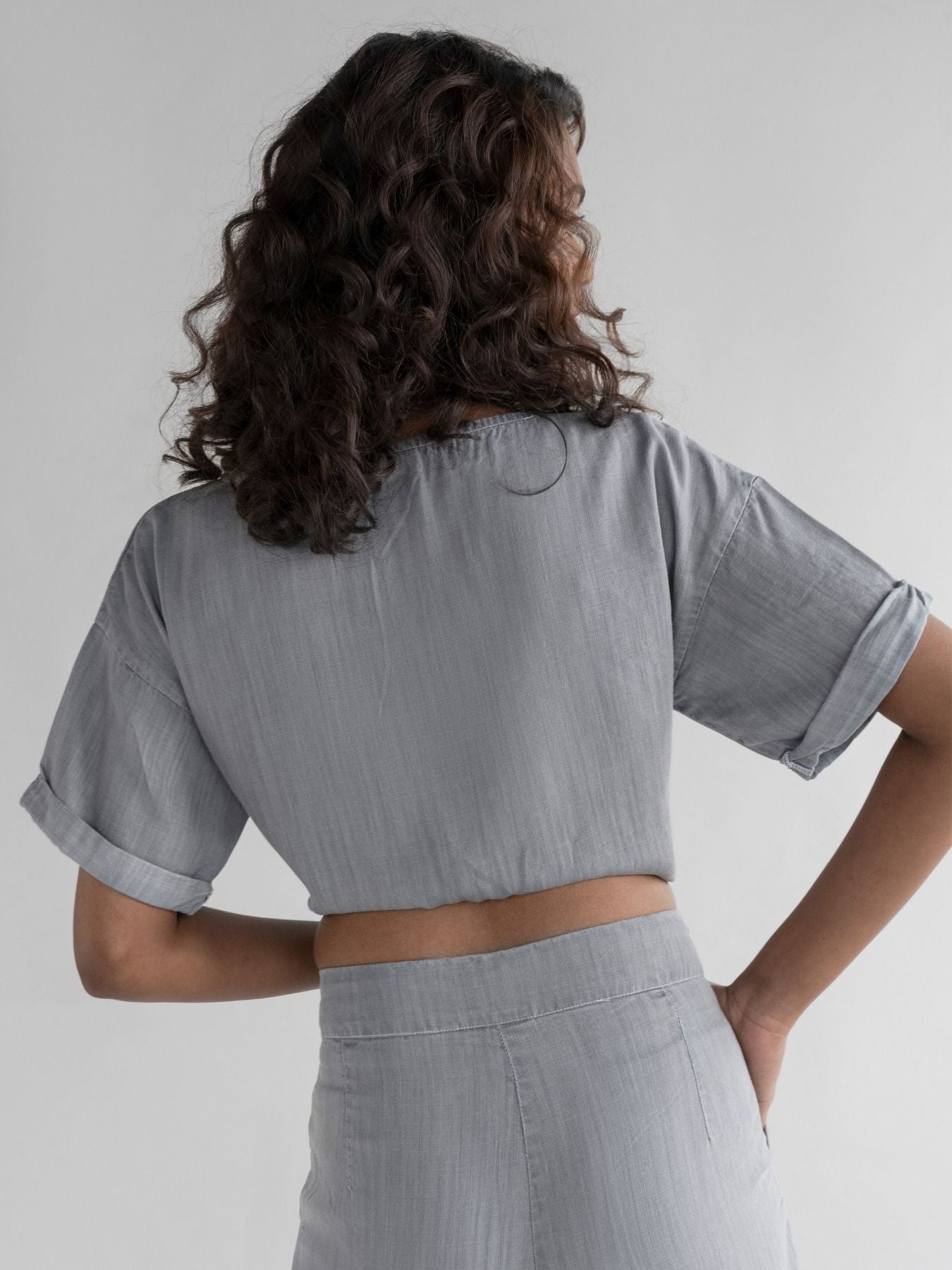 Releve Fashion Reistor Grey Twist and Sway Crop Top Ethical Designer Brand Sustainable Fashion Conscious Clothing Purchase with Purpose Shop for Good