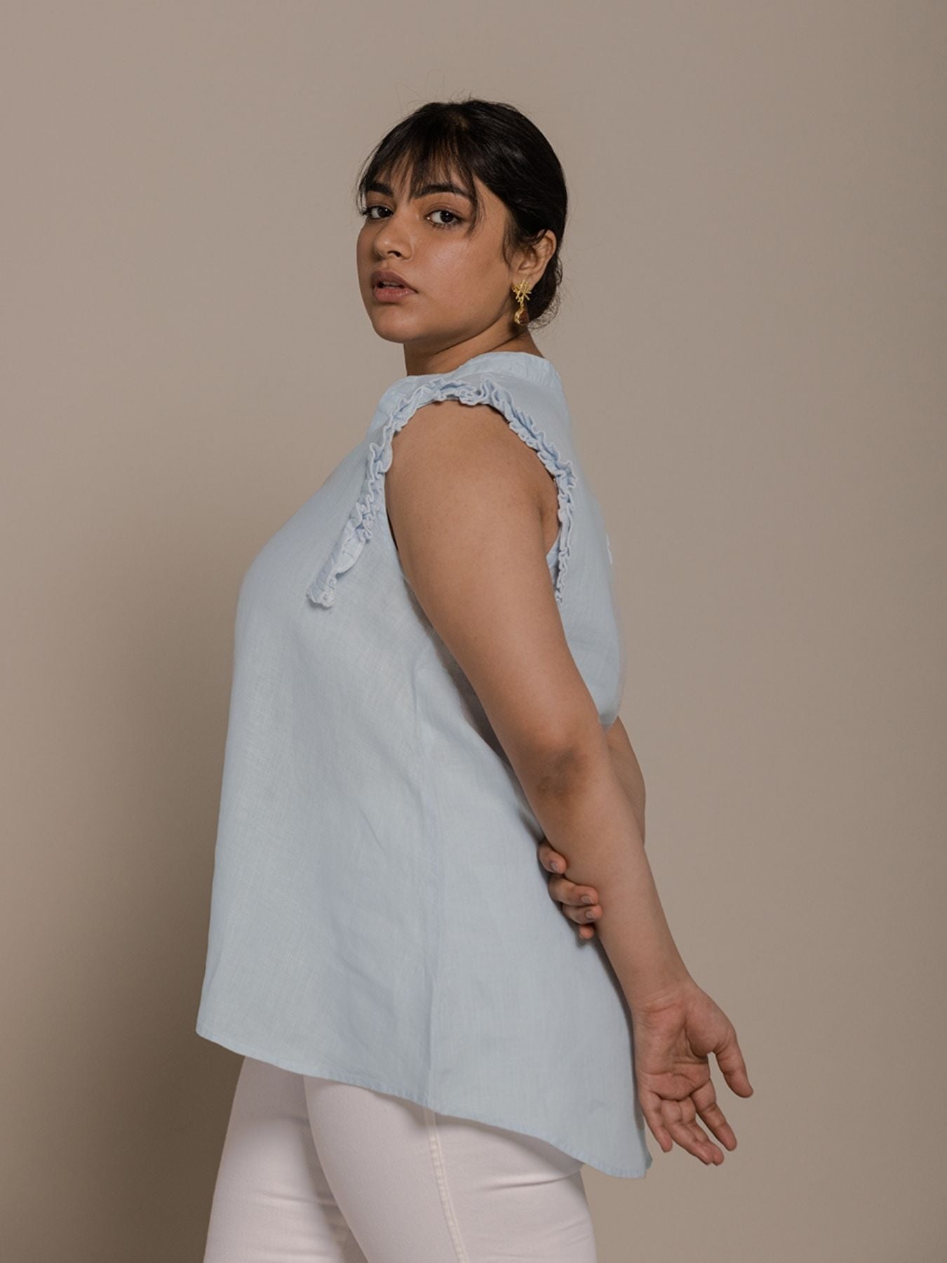 Releve Fashion Reistor Blue Wind in My Hair Sleeveless Top Ethical Designer Brand Sustainable Fashion Conscious Clothing Purchase with Purpose Shop for Good