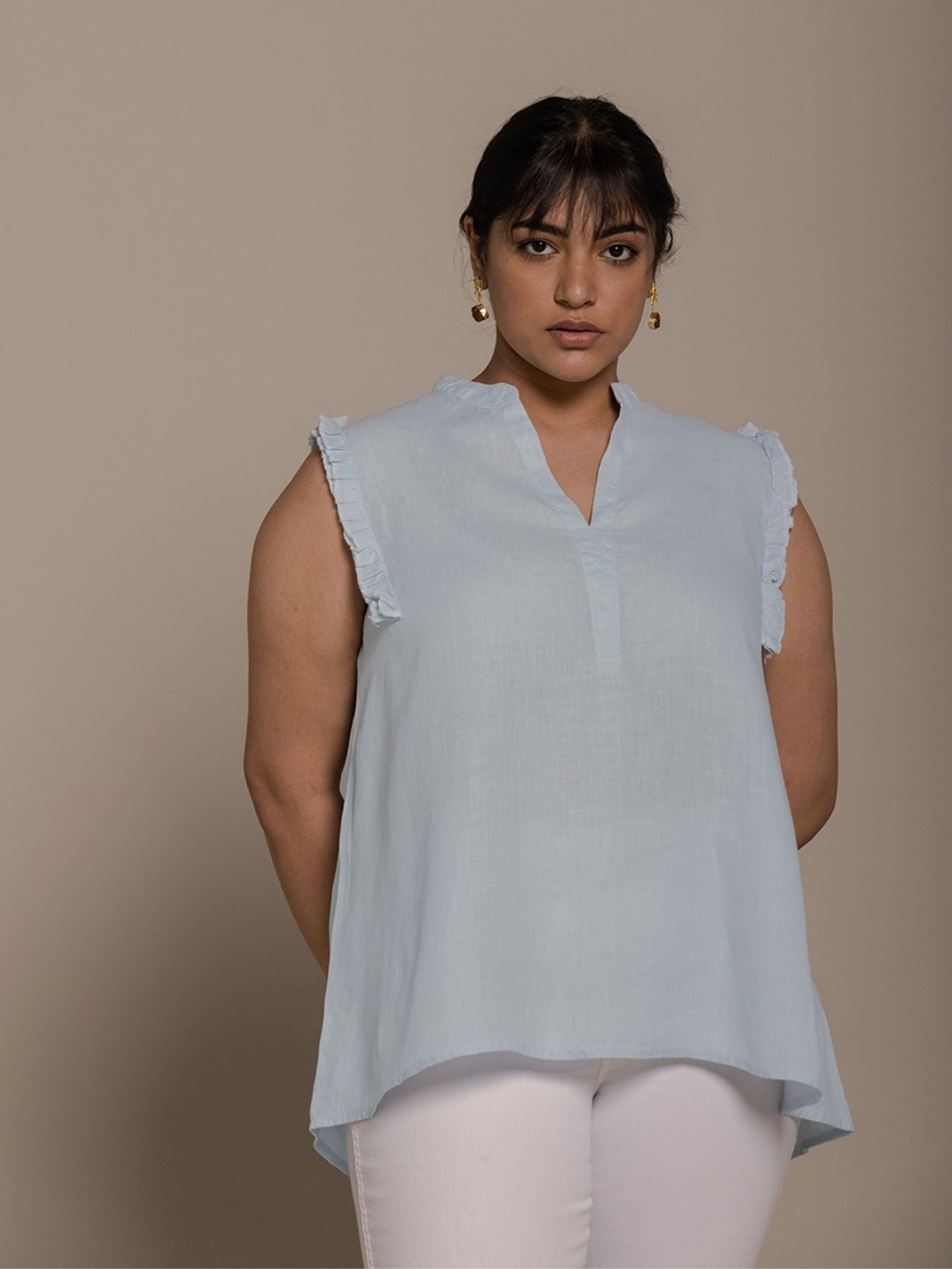 Releve Fashion Reistor Blue Wind in My Hair Sleeveless Top Ethical Designer Brand Sustainable Fashion Conscious Clothing Purchase with Purpose Shop for Good