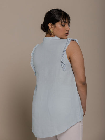 Releve Fashion Reistor Blue Wind in My Hair Sleeveless Top Ethical Designer Brand Sustainable Fashion Conscious Clothing Purchase with Purpose Shop for Good