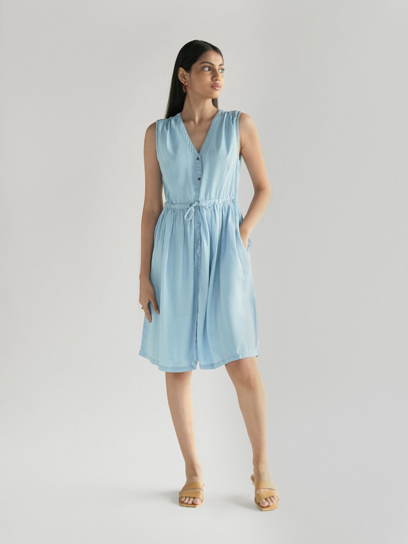 Releve Fashion Reistor Blue Pina Colada Sleeveless Dress Ethical Designer Brand Sustainable Fashion Conscious Clothing Purchase with Purpose Shop for Good