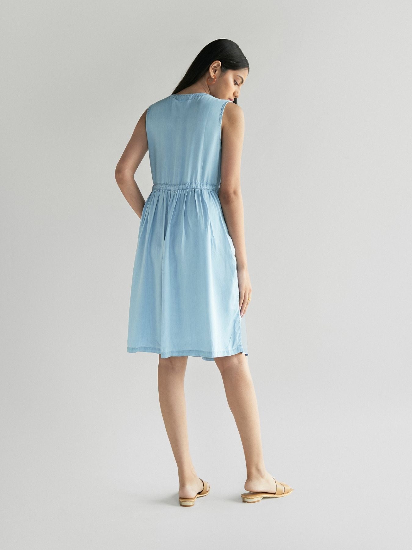 Releve Fashion Reistor Blue Pina Colada Sleeveless Dress Ethical Designer Brand Sustainable Fashion Conscious Clothing Purchase with Purpose Shop for Good