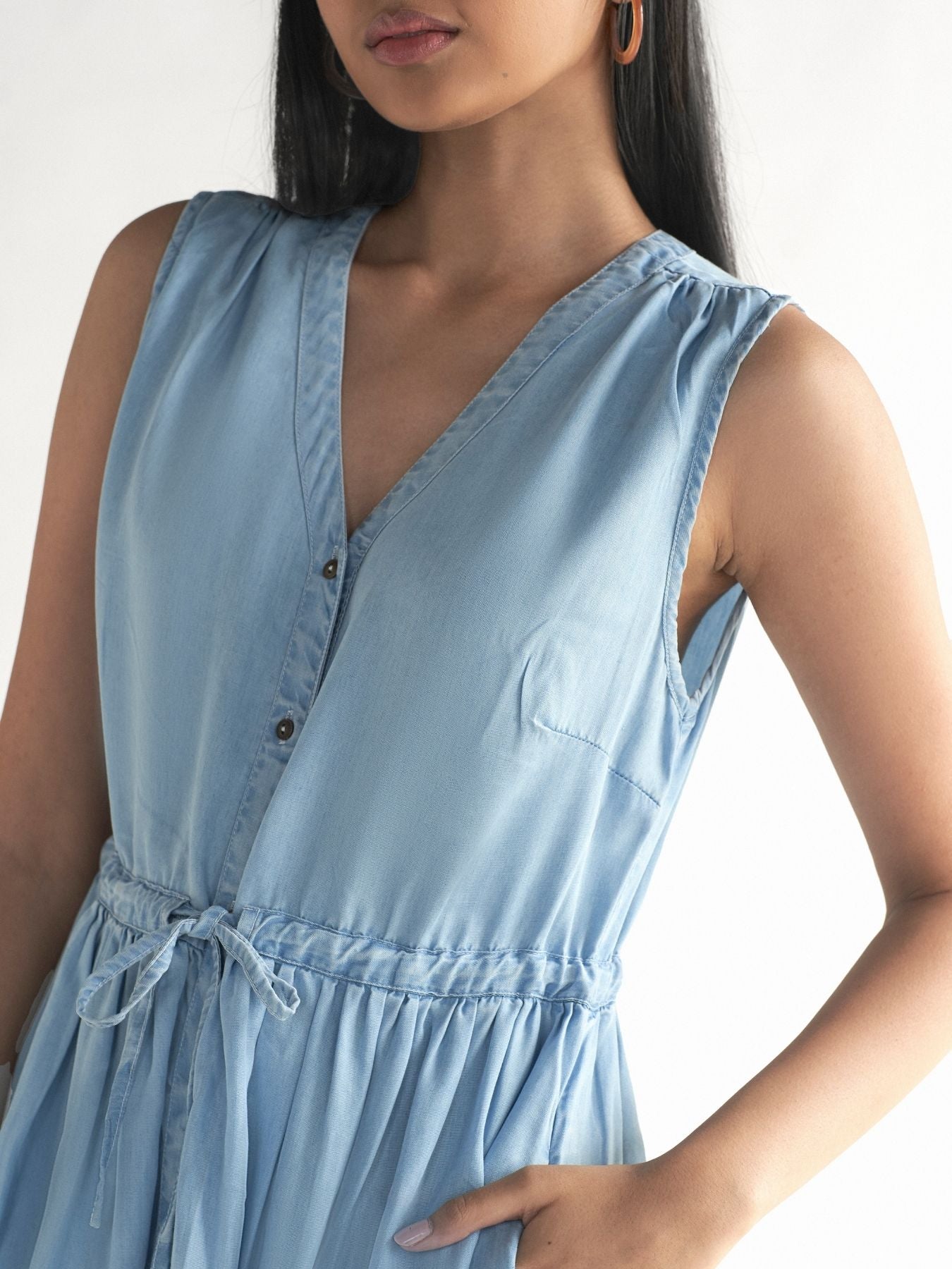 Releve Fashion Reistor Blue Pina Colada Sleeveless Dress Ethical Designer Brand Sustainable Fashion Conscious Clothing Purchase with Purpose Shop for Good