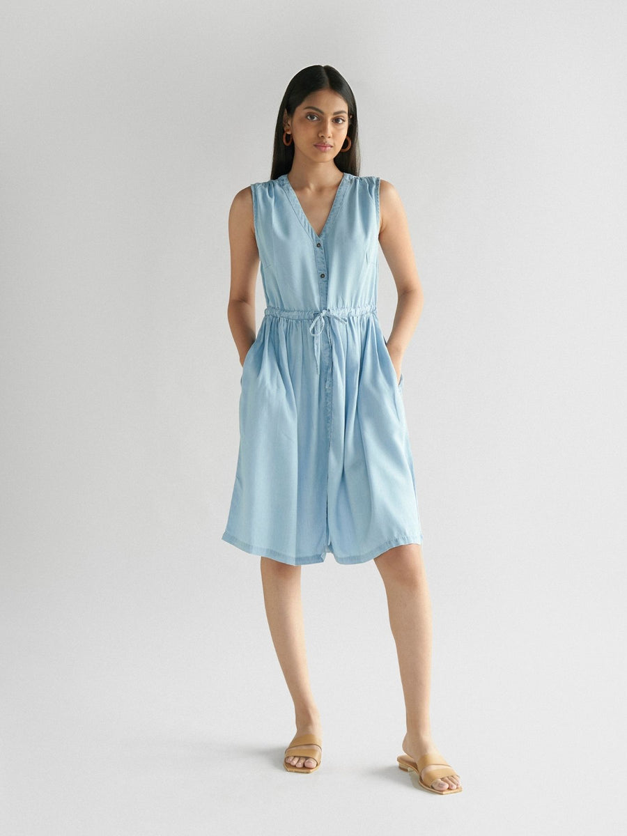 Releve Fashion Reistor Blue Pina Colada Sleeveless Dress Ethical Designer Brand Sustainable Fashion Conscious Clothing Purchase with Purpose Shop for Good