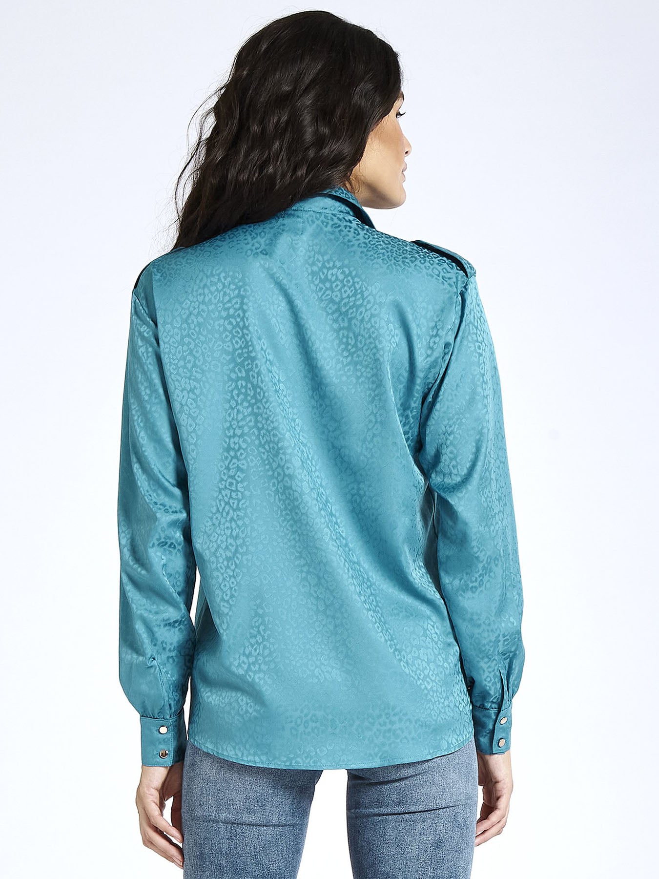 Releve Fashion SixtyNinety Blue Jacquard Satin Button Down Shirt Sustainable Resortwear Slow Fashion Conscious Clothing Ethical Designer Brand Purchase with Purpose Shop for Good