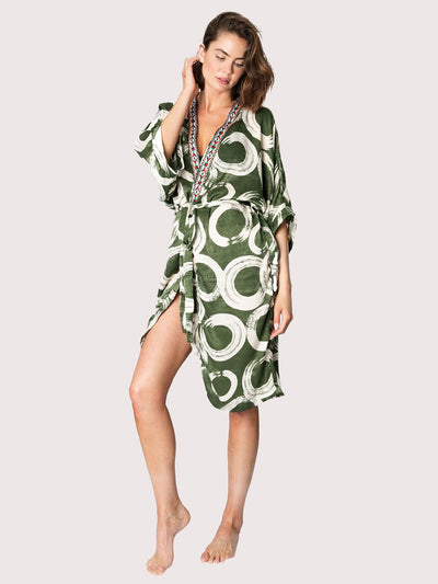 Releve Fashion SixtyNinety Long Green Geometric Print Kimono Beach Coverup Sustainable Resort Wear Slow Fashion Conscious Clothing Ethical Designer Brand Purchase with Purpose Shop for Good