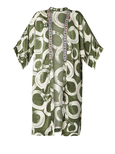 Releve Fashion SixtyNinety Long Green Geometric Print Kimono Beach Coverup Sustainable Resort Wear Slow Fashion Conscious Clothing Ethical Designer Brand Purchase with Purpose Shop for Good