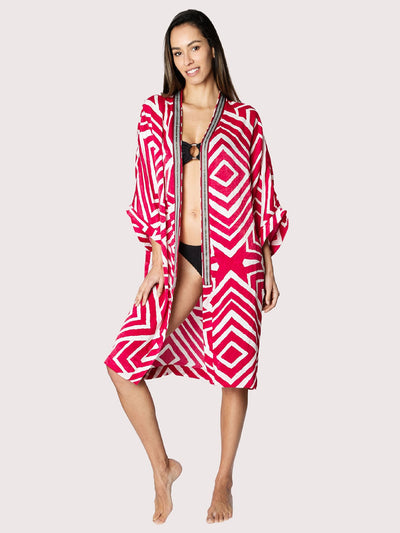 Releve Fashion SixtyNinety Long Red Geometric Print Kimono Beach Coverup Sustainable Resort Wear Slow Fashion Conscious Clothing Ethical Designer Brand Purchase with Purpose Shop for Good