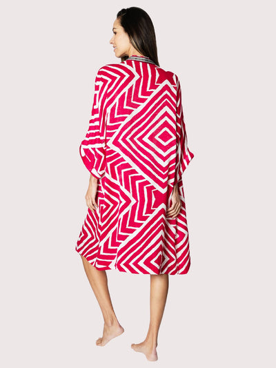 Releve Fashion SixtyNinety Long Red Geometric Print Kimono Beach Coverup Sustainable Resort Wear Slow Fashion Conscious Clothing Ethical Designer Brand Purchase with Purpose Shop for Good
