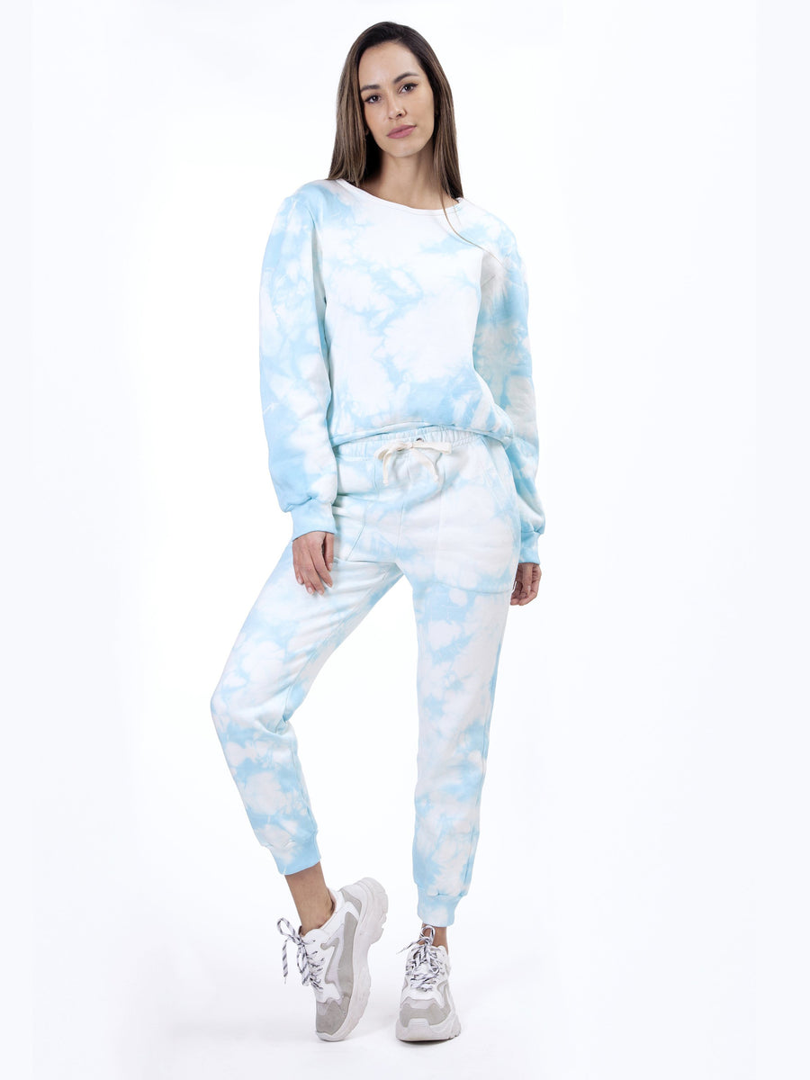Releve Fashion SixtyNinety Sky Blue Tie Dye Sweatpants Sustainable Swimwear Beachwear Slow Fashion Conscious Clothing Ethical Designer Brand Purchase with Purpose Shop for Good