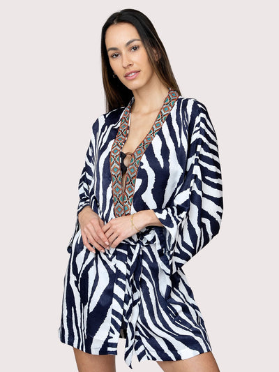 Releve Fashion SixtyNinety Short Black and White Zebra Print Kimono Beach Coverup Sustainable Resort Wear Slow Fashion Conscious Clothing Ethical Designer Brand Purchase with Purpose Shop for Good