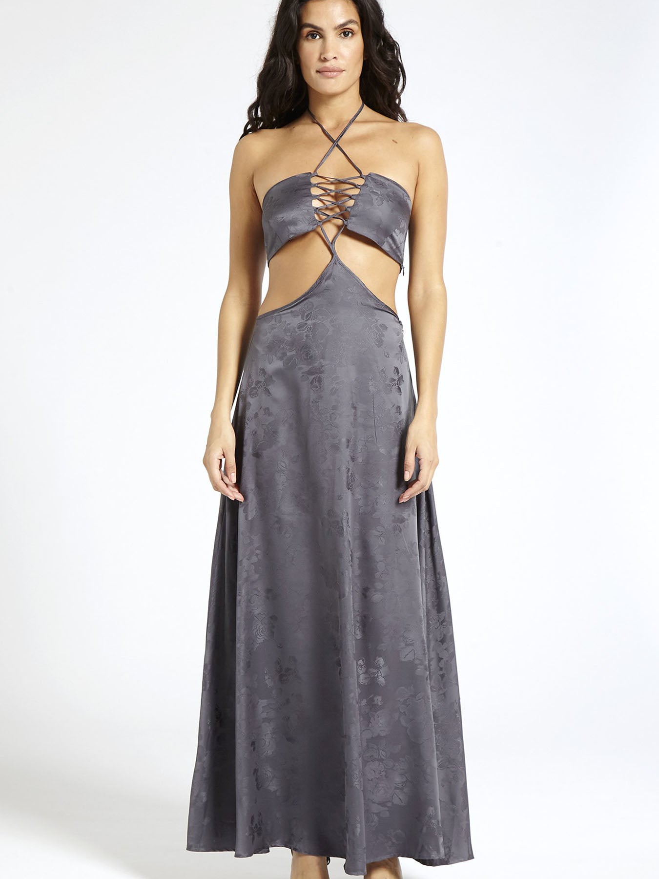 Releve Fashion SixtyNinety Grey Satin Maxi Dress Sustainable Resortwear Slow Fashion Conscious Clothing Ethical Designer Brand Purchase with Purpose Shop for Good