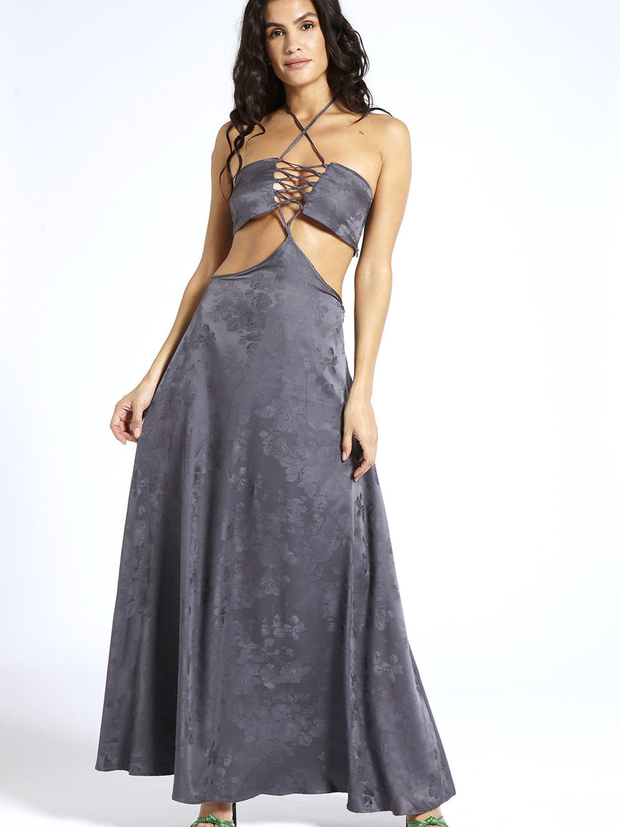 Releve Fashion SixtyNinety Grey Satin Maxi Dress Sustainable Resortwear Slow Fashion Conscious Clothing Ethical Designer Brand Purchase with Purpose Shop for Good