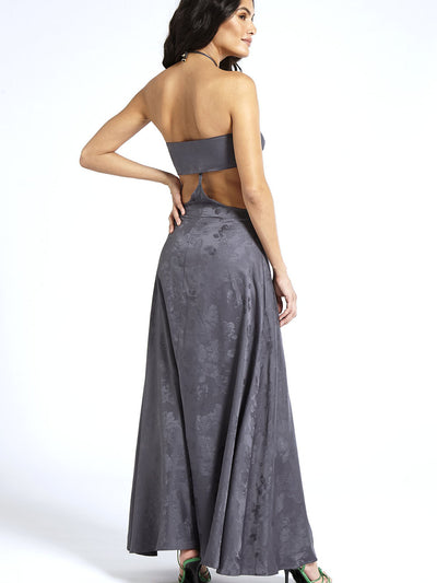 Releve Fashion SixtyNinety Grey Satin Maxi Dress Sustainable Resortwear Slow Fashion Conscious Clothing Ethical Designer Brand Purchase with Purpose Shop for Good