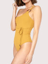 Releve Fashion SixtyNinety One-Shouldered Mustard Textured Audrey One-Piece Swimsuit Sustainable Swimwear Beachwear Slow Fashion Conscious Clothing Ethical Designer Brand Purchase with Purpose Shop for Good