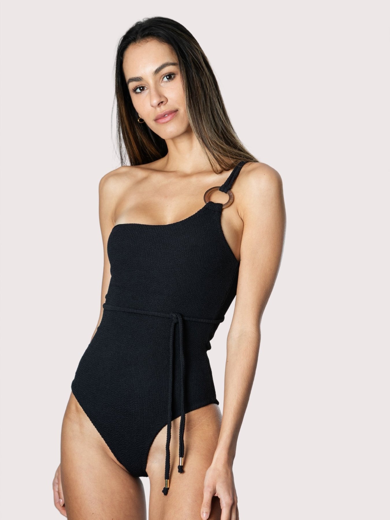 Releve Fashion SixtyNinety One-Shouldered Black Textured Audrey One-Piece Swimsuit Sustainable Swimwear Beachwear Slow Fashion Conscious Clothing Ethical Designer Brand Purchase with Purpose Shop for Good