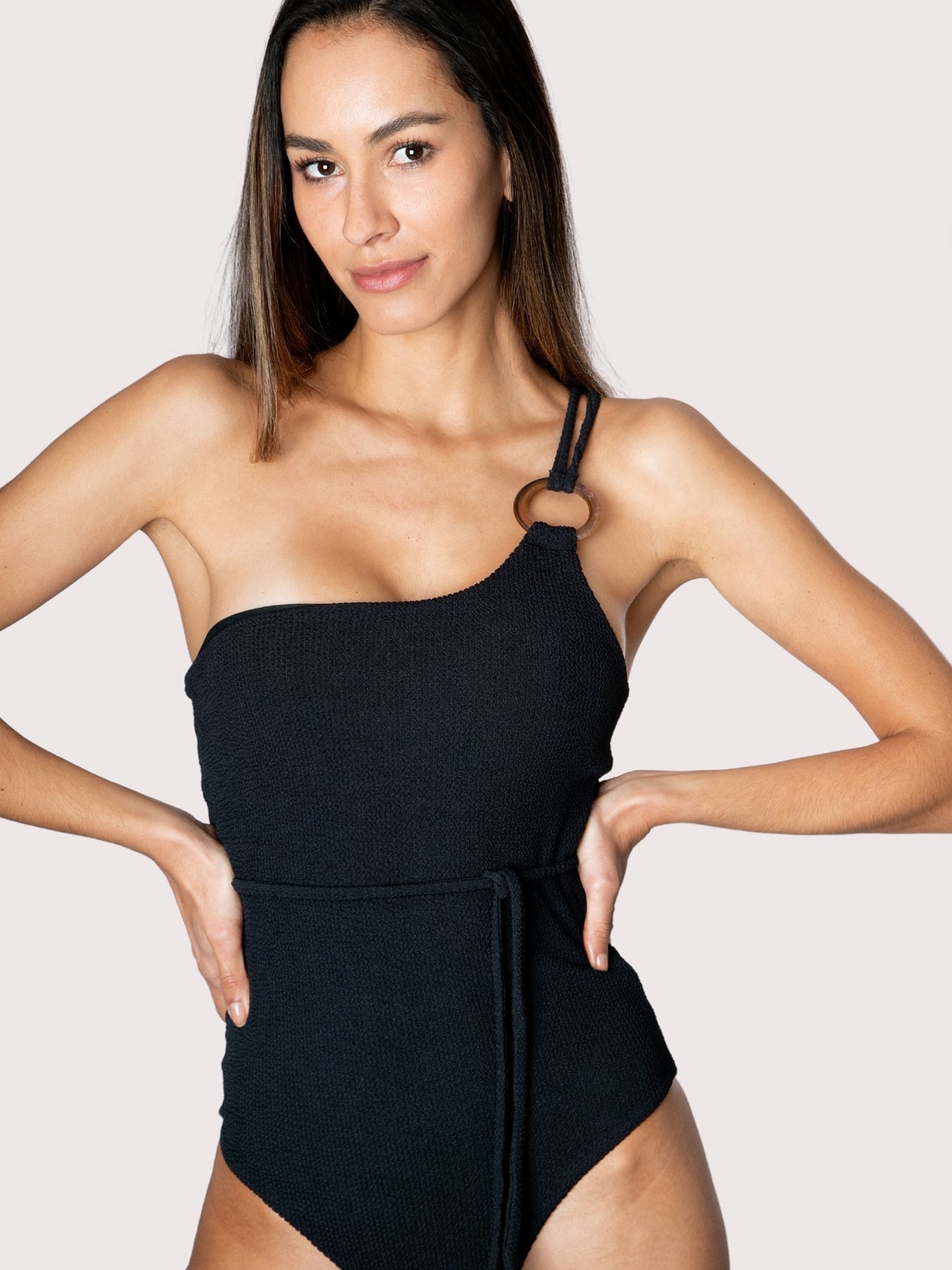 Releve Fashion SixtyNinety One-Shouldered Black Textured Audrey One-Piece Swimsuit Sustainable Swimwear Beachwear Slow Fashion Conscious Clothing Ethical Designer Brand Purchase with Purpose Shop for Good