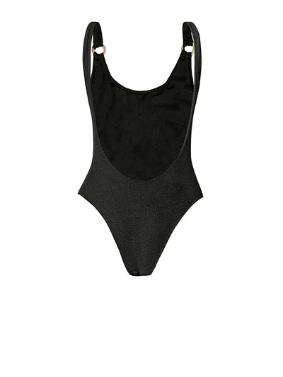 Releve Fashion SixtyNinety Black Textured Greta Scoop Neck One-Piece Swimsuit Sustainable Swimwear Beachwear Slow Fashion Conscious Clothing Ethical Designer Brand Purchase with Purpose Shop for Good