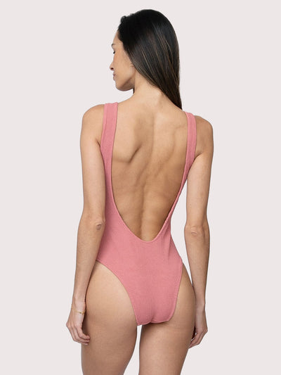Releve Fashion SixtyNinety Pink Textured Greta Scoop Neck One-Piece Swimsuit Sustainable Swimwear Beachwear Slow Fashion Conscious Clothing Ethical Designer Brand Purchase with Purpose Shop for Good