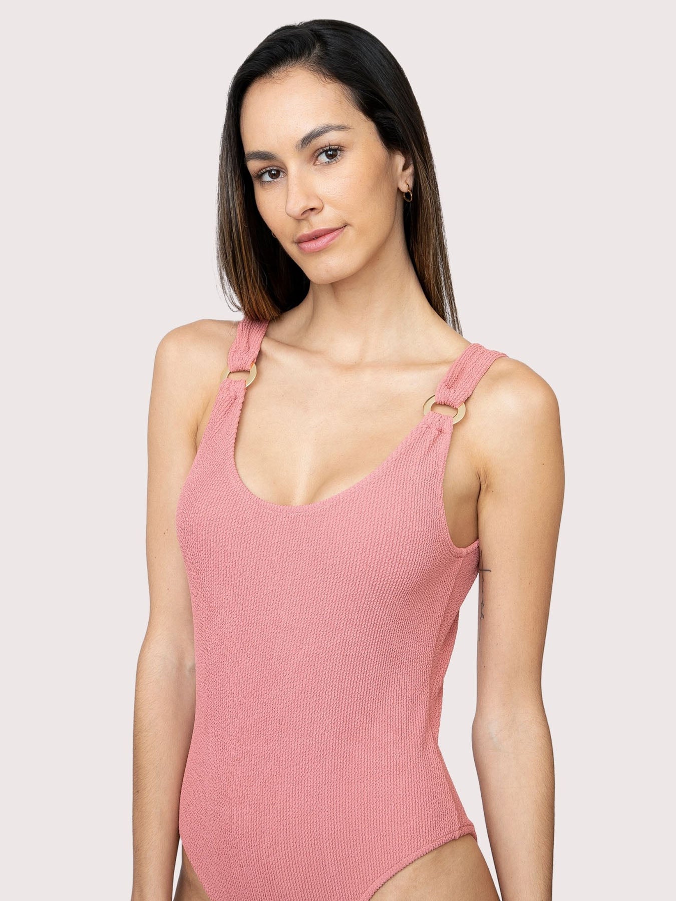 Releve Fashion SixtyNinety Pink Textured Greta Scoop Neck One-Piece Swimsuit Sustainable Swimwear Beachwear Slow Fashion Conscious Clothing Ethical Designer Brand Purchase with Purpose Shop for Good