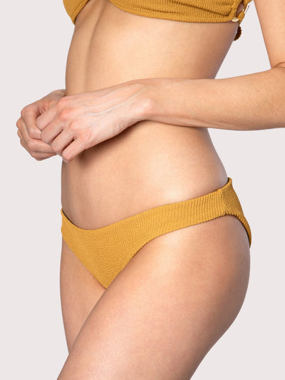 Releve Fashion SixtyNinety Mustard Yellow Sophia Textured Bikini Bottoms Swimsuit Sustainable Swimwear Beachwear Slow Fashion Conscious Clothing Ethical Designer Brand Purchase with Purpose Shop for Good