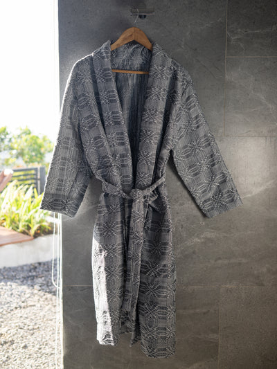 Releve Fashion WVN Living Handwoven Grey Lounge Robe Sustainable Luxury Fashion Conscious Clothing and Lifestyle Accessories Ethical Designer Brand Artisanal Handcrafted Loungewear Purchase with Purpose Shop for Good