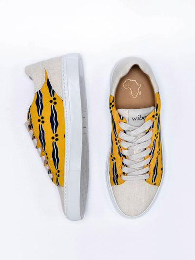 Releve Fashion Wibes Yellow Blue and White Akwaba Sanata Trainers Sneakers Ethical Designers Sustainable Fashion Brands Purchase with Purpose Shop for Good
