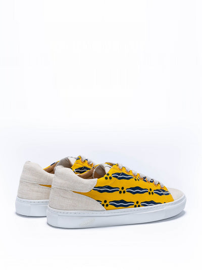 Releve Fashion Wibes Yellow Blue and White Akwaba Sanata Trainers Sneakers Ethical Designers Sustainable Fashion Brands Purchase with Purpose Shop for Good