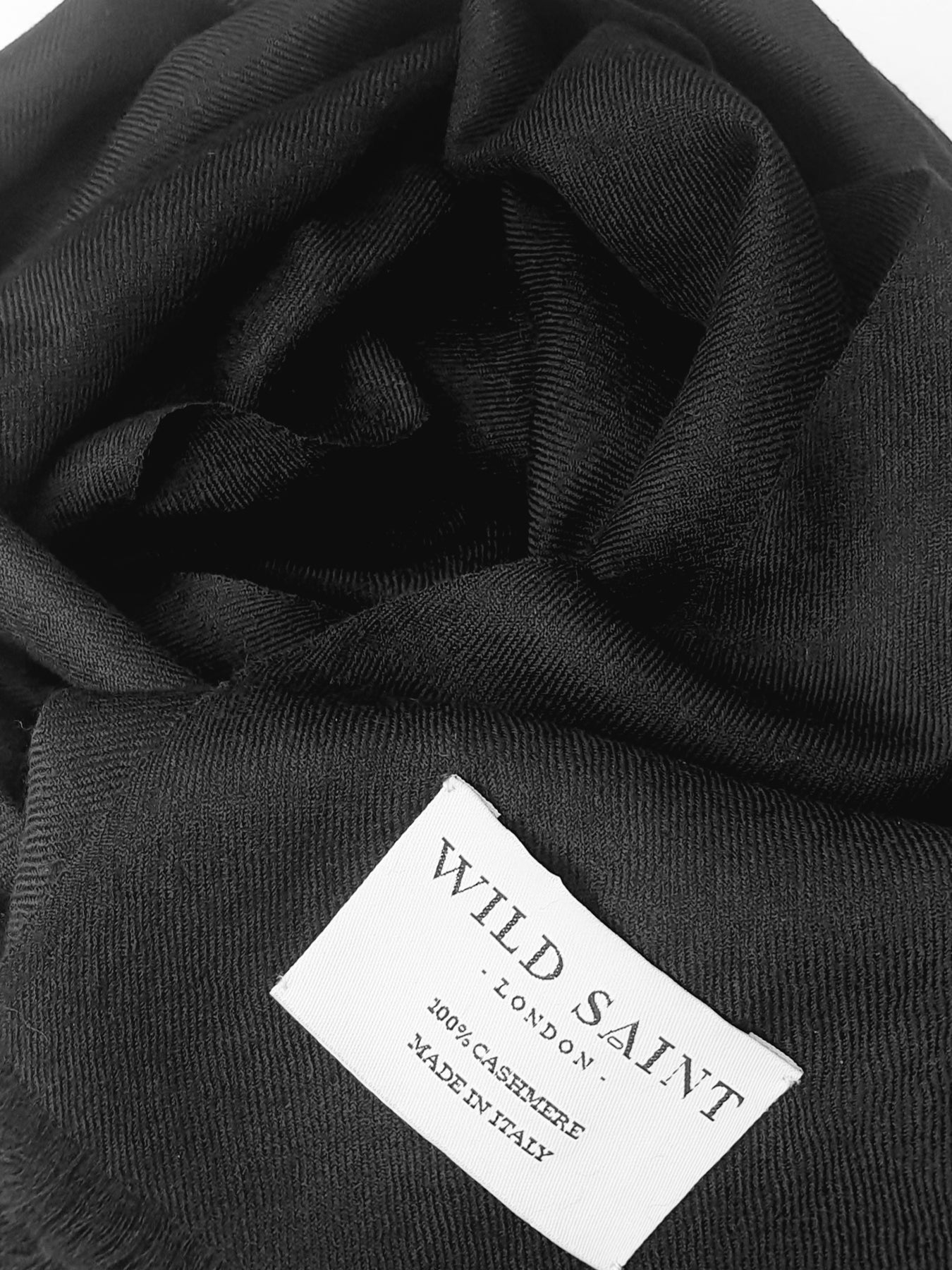 Releve Fashion Wild Saint London Black Lightweight 100% Cashmere Scarf Sustainable Luxury Fashion Conscious Clothing and Accessories Ethical Designer Brand Animal-friendly Cruelty-free Handcrafted Purchase with Purpose Shop for Good