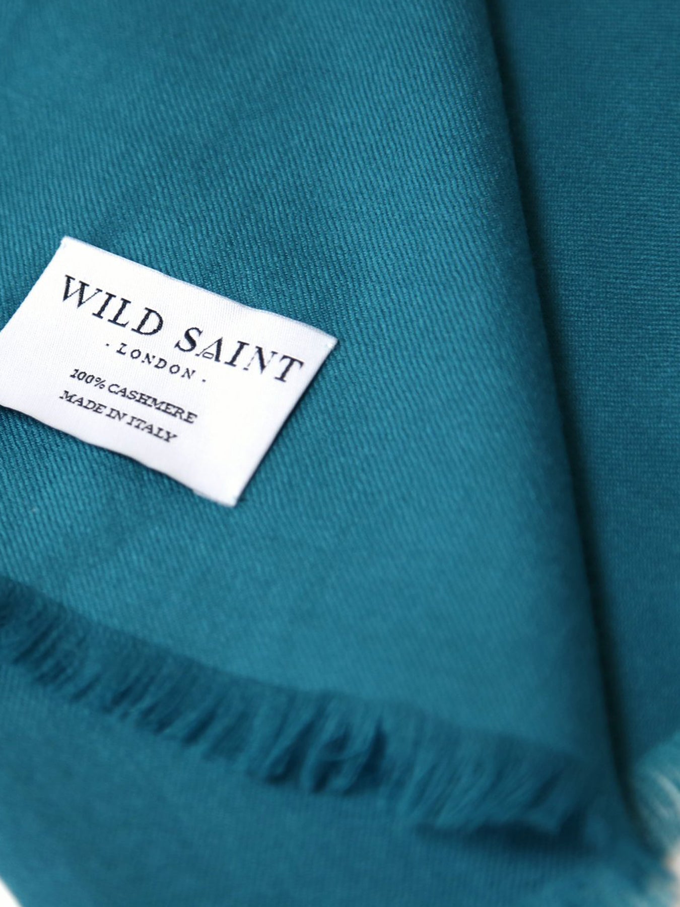 Releve Fashion Wild Saint London Teal Lightweight 100% Cashmere Scarf Sustainable Luxury Fashion Conscious Clothing and Accessories Ethical Designer Brand Animal-friendly Cruelty-free Handcrafted Purchase with Purpose Shop for Good